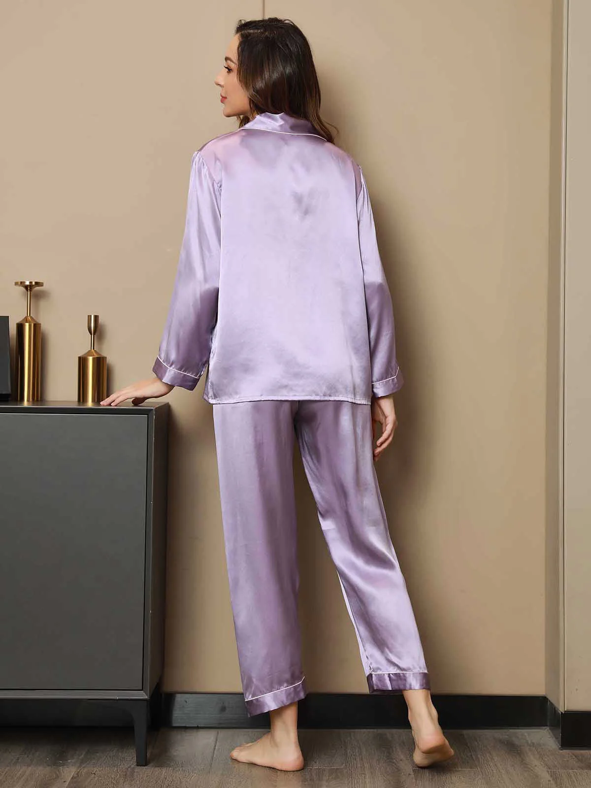 Pure Silk Notch Collar Button Up Women's Pajamas Set - Image 47