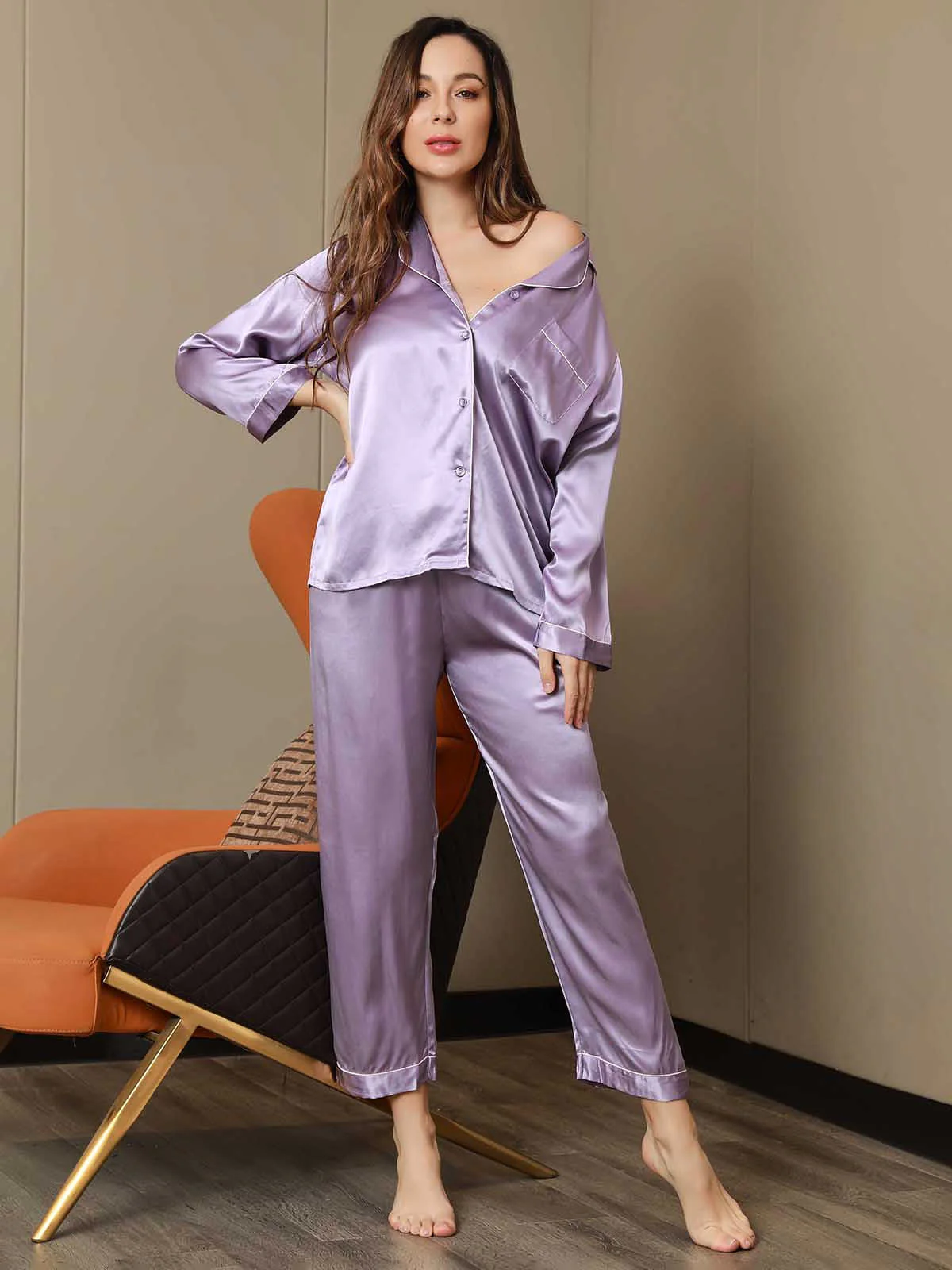 Pure Silk Notch Collar Button Up Women's Pajamas Set - Image 50