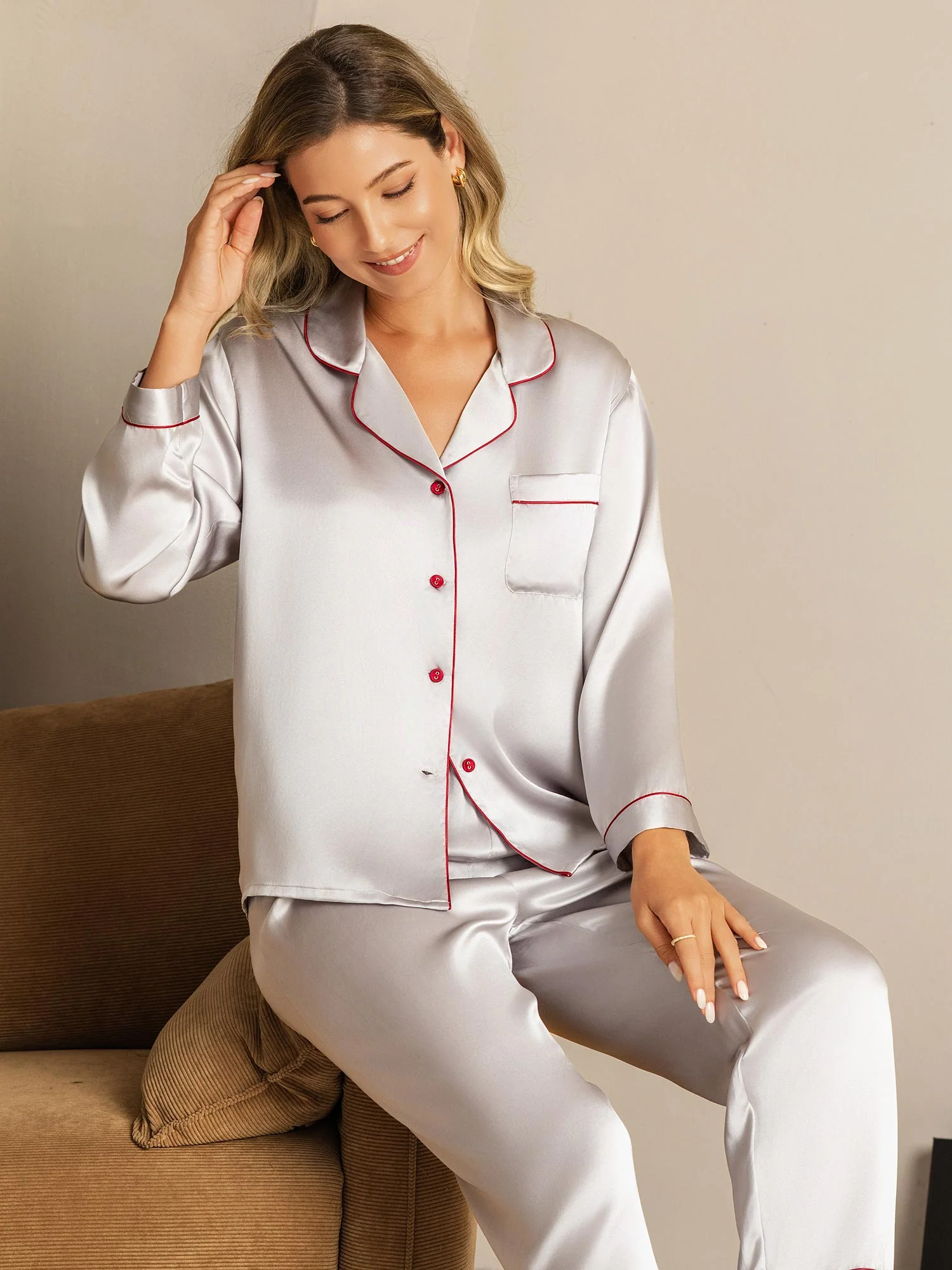 Pure Silk Notch Collar Button Up Women's Pajamas Set - Image 71