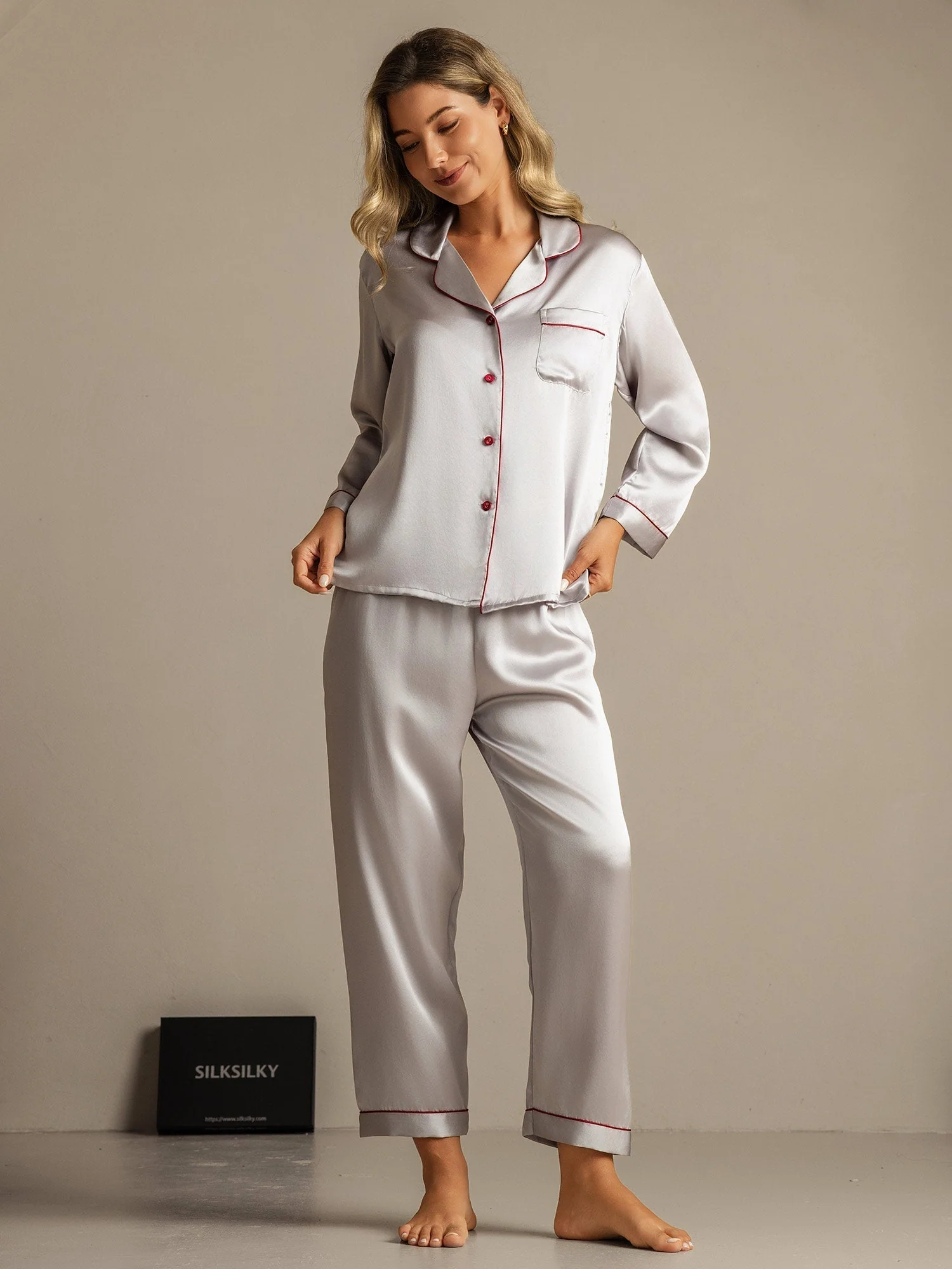 Pure Silk Notch Collar Button Up Women's Pajamas Set - Image 72