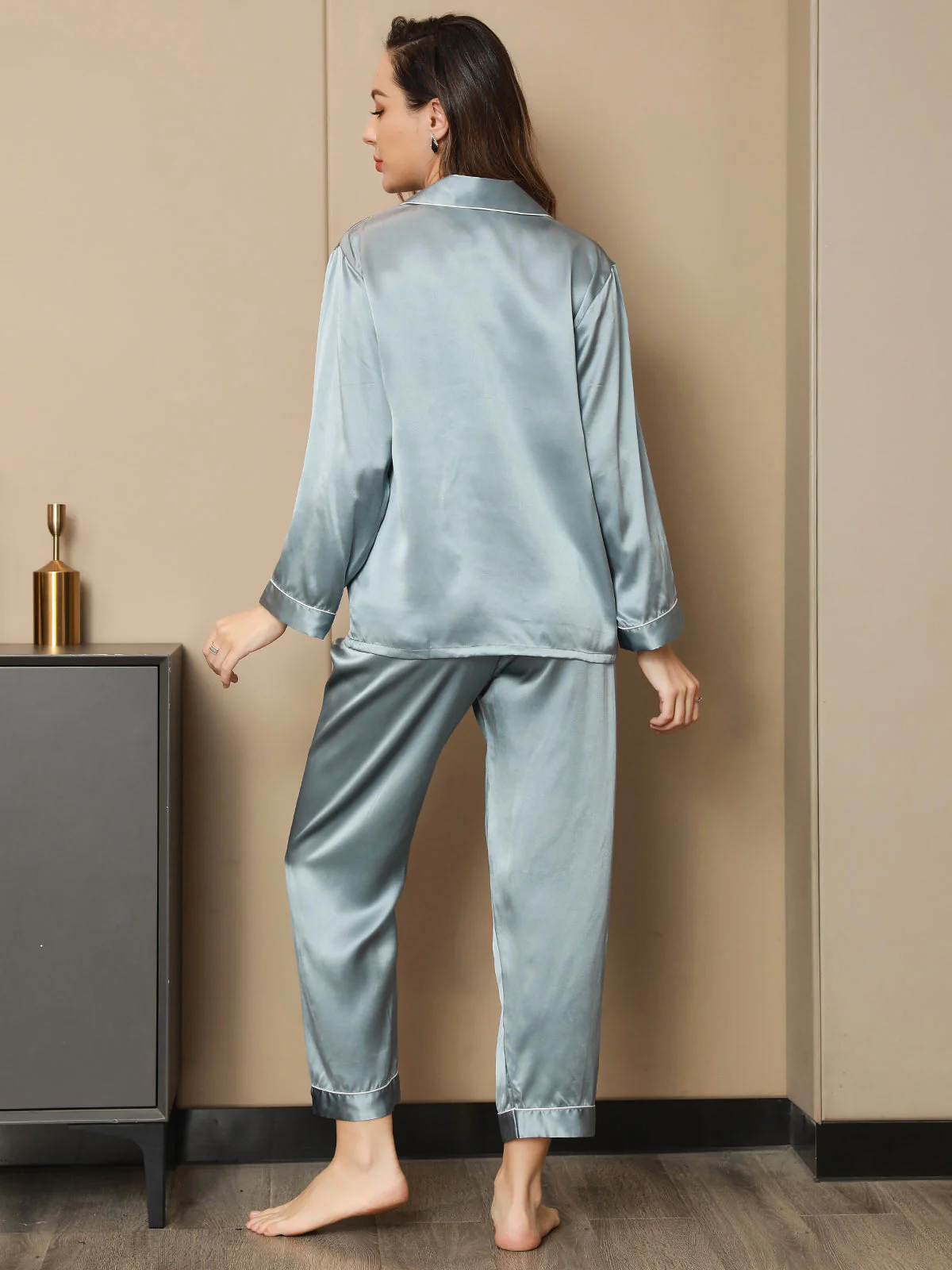 Pure Silk Notch Collar Button Up Women's Pajamas Set - Image 77