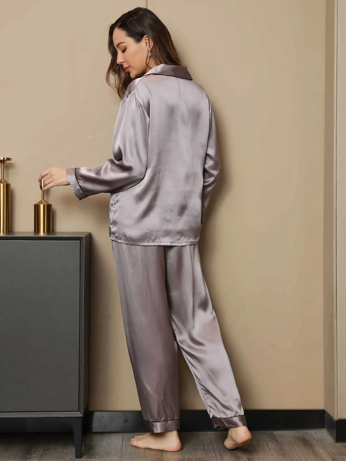 Pure Silk Notch Collar Button Up Women's Pajamas Set - Image 82