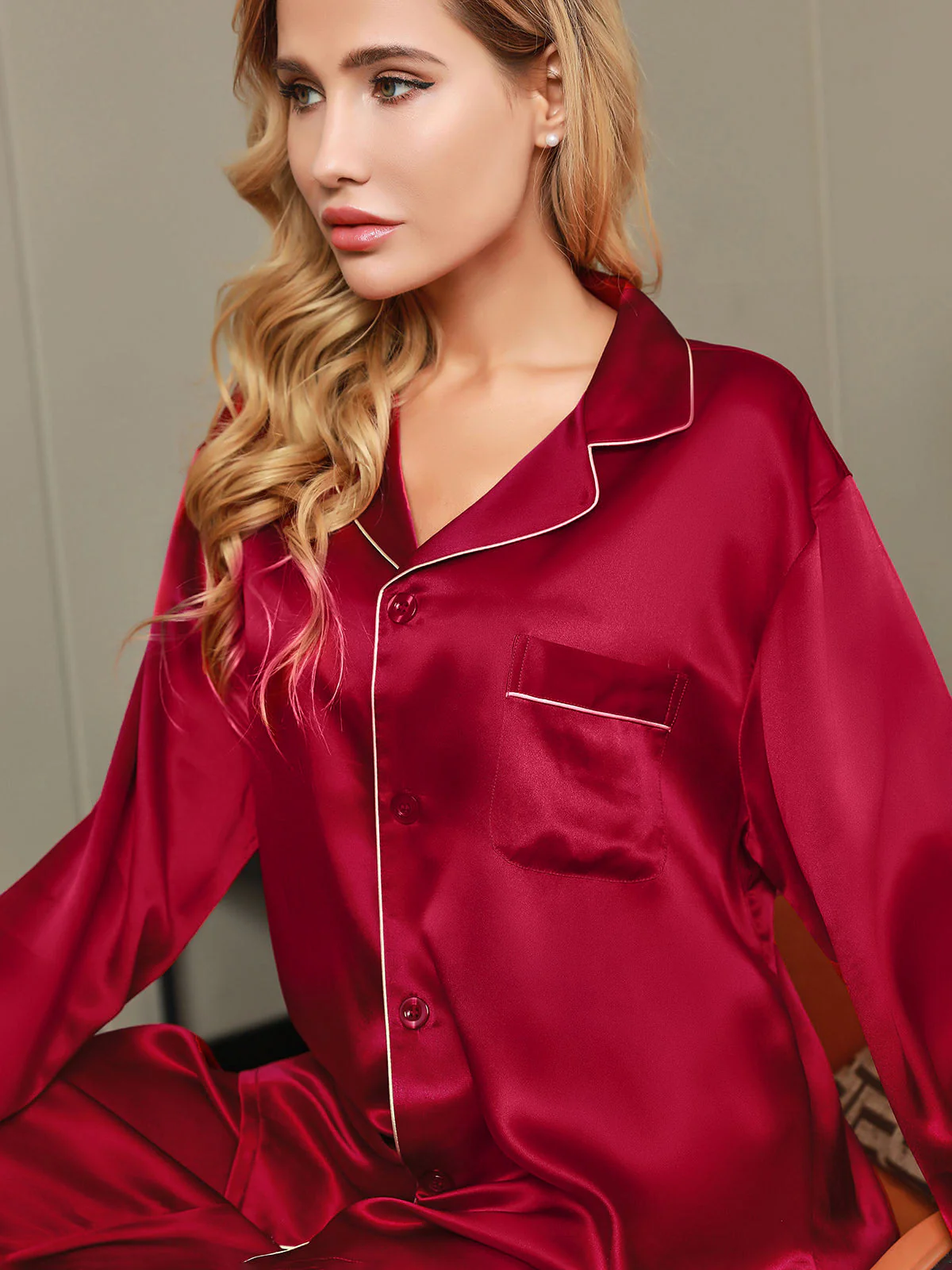 Pure Silk Notch Collar Button Up Women's Pajamas Set - Image 9