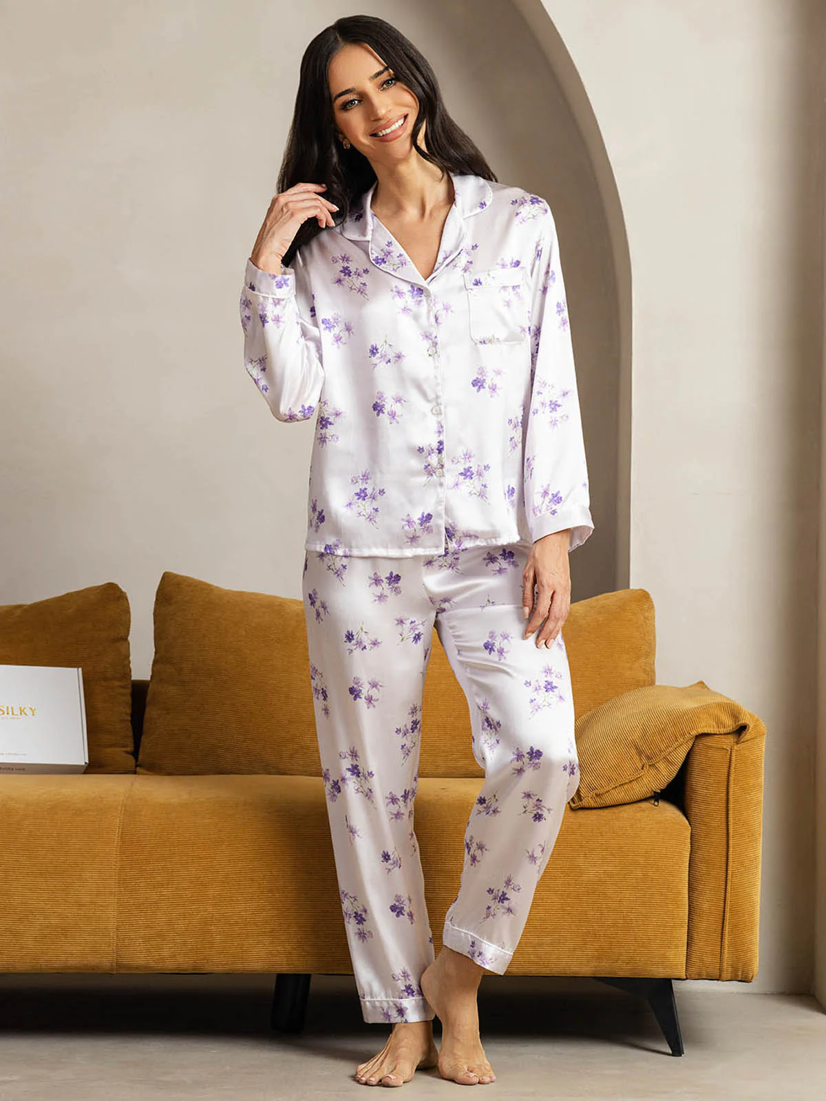 Pure Silk Lilac Bloom Print Long Sleeve Notch Collar Women's Pajamas Set - Image 3