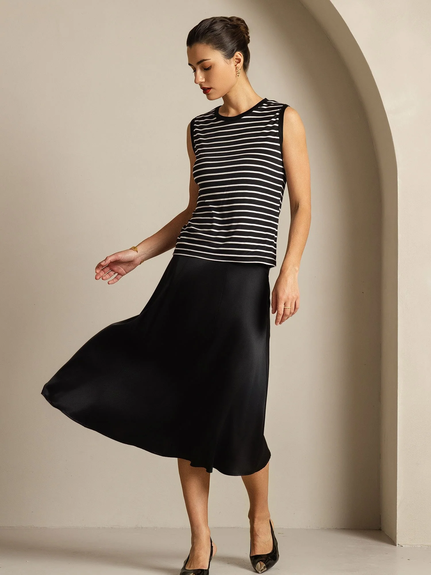 Women's Pure Silk Round Neck Sport Stripe Print Tank Top - Image 13