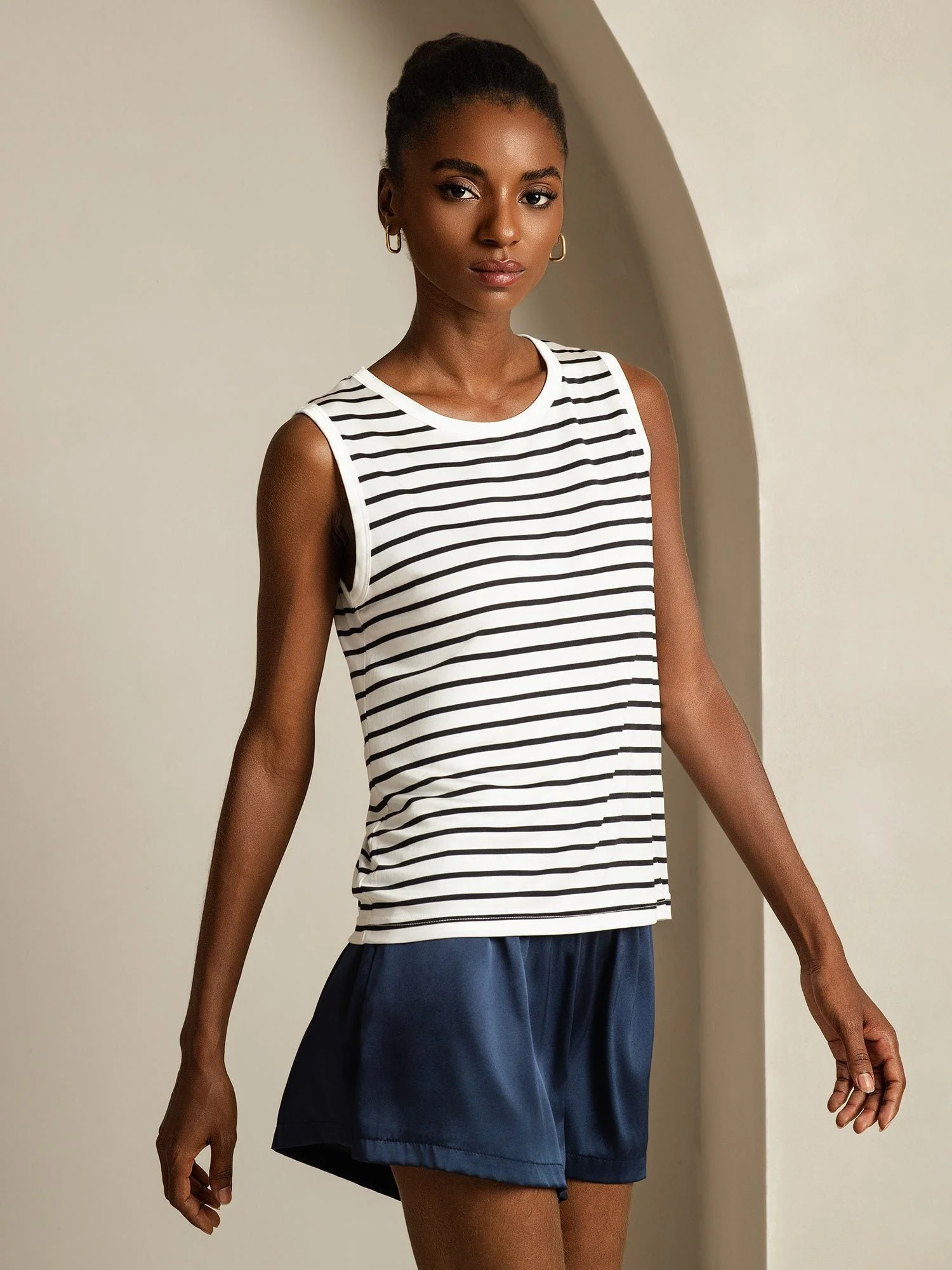 Women's Pure Silk Round Neck Sport Stripe Print Tank Top - Image 3
