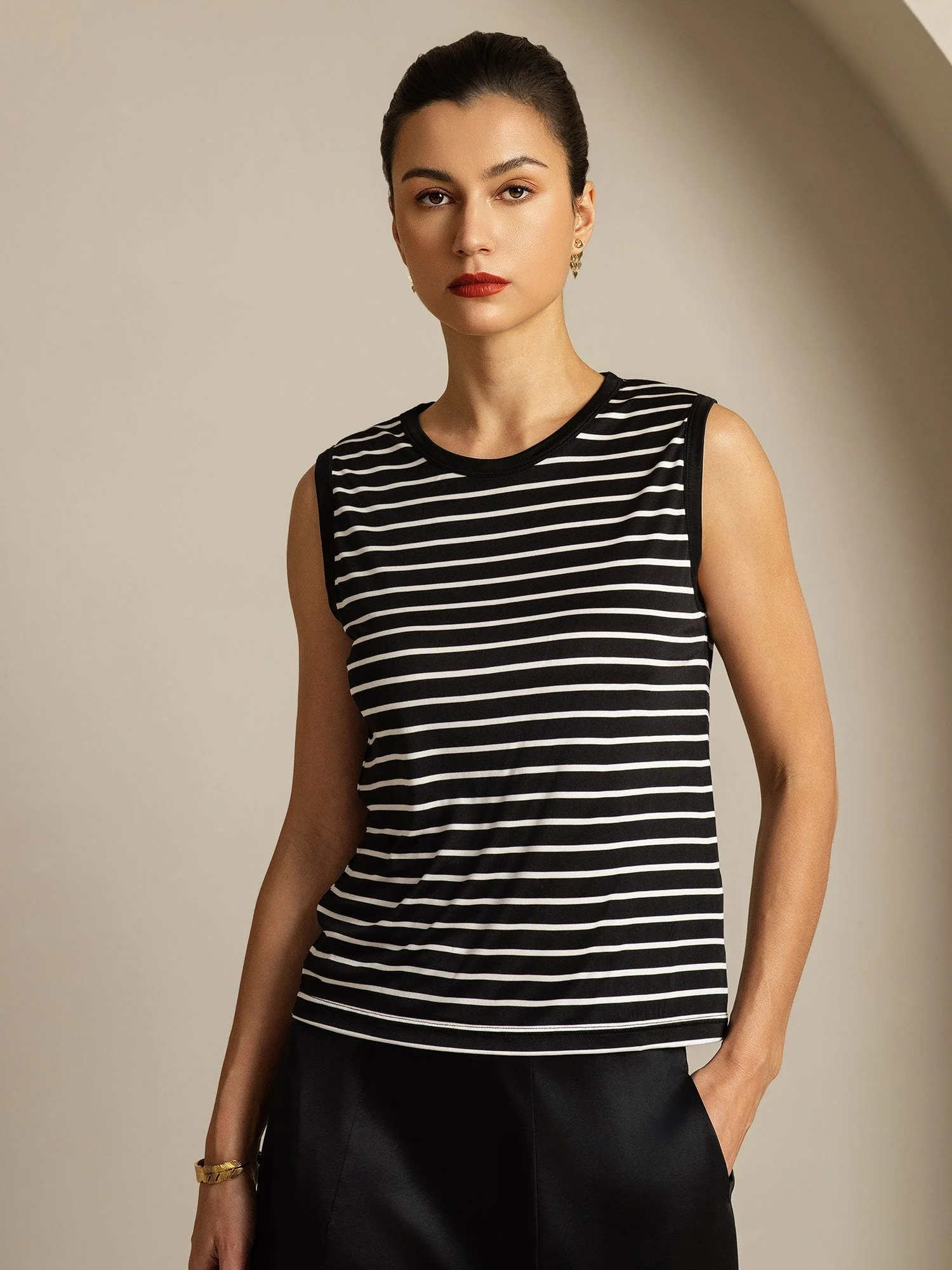 Women's Pure Silk Round Neck Sport Stripe Print Tank Top - Image 9