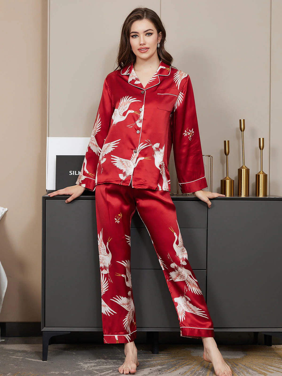19Momme Pure Silk Crane Print Women's Long Sleeve Notch Collar Pajamas Set - Image 19