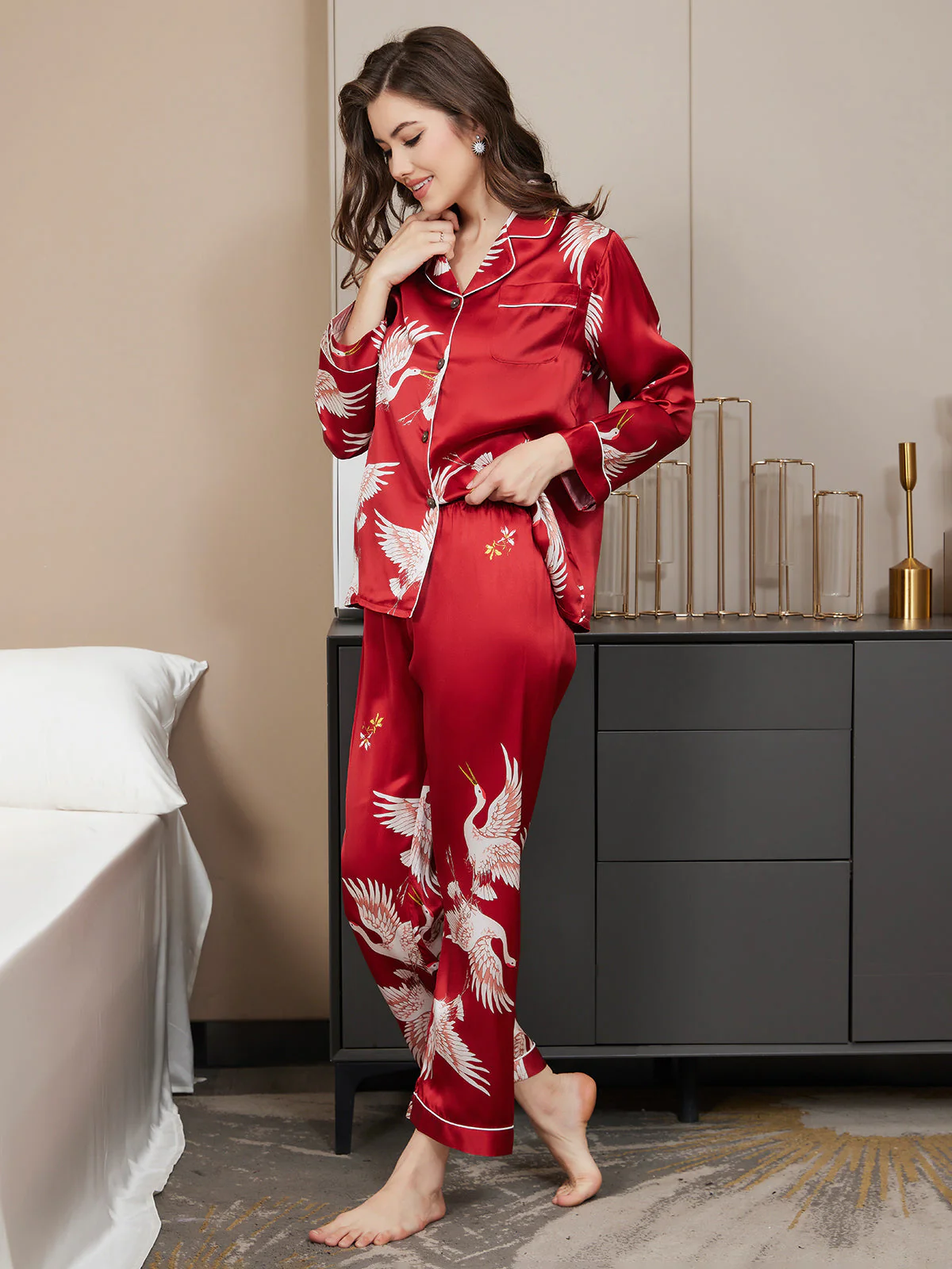 19Momme Pure Silk Crane Print Women's Long Sleeve Notch Collar Pajamas Set - Image 20