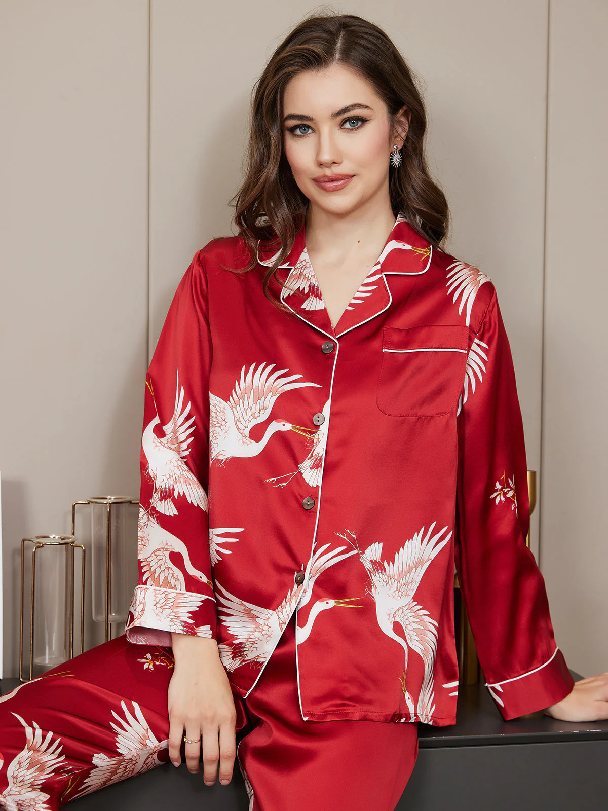 19Momme Pure Silk Crane Print Women's Long Sleeve Notch Collar Pajamas Set - Image 21