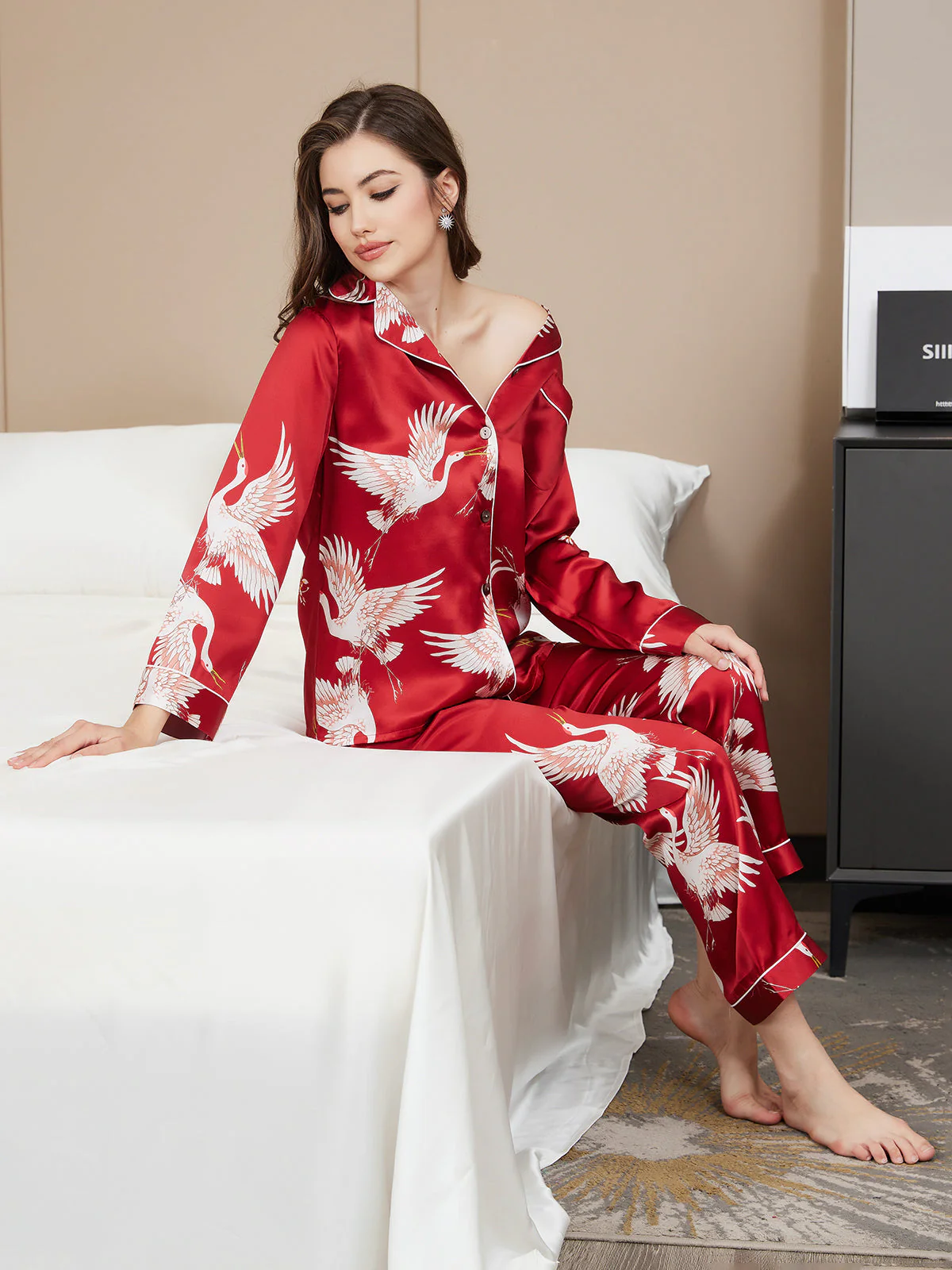 19Momme Pure Silk Crane Print Women's Long Sleeve Notch Collar Pajamas Set - Image 23