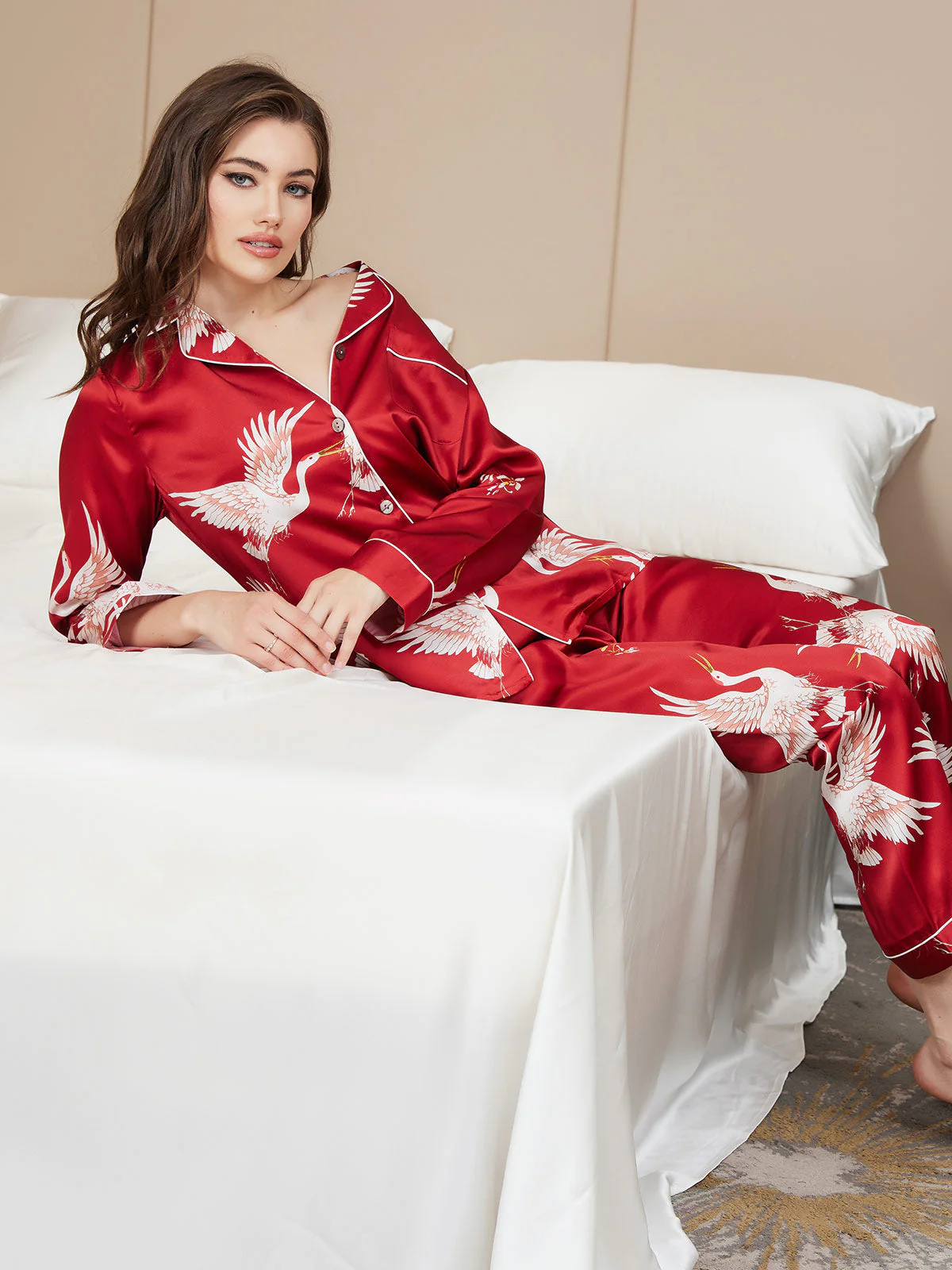 19Momme Pure Silk Crane Print Women's Long Sleeve Notch Collar Pajamas Set - Image 24