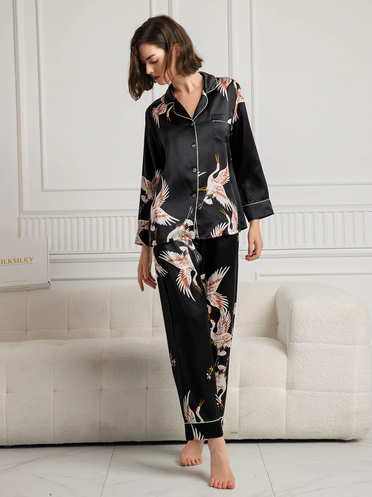 19Momme Pure Silk Crane Print Women's Long Sleeve Notch Collar Pajamas Set - Image 28