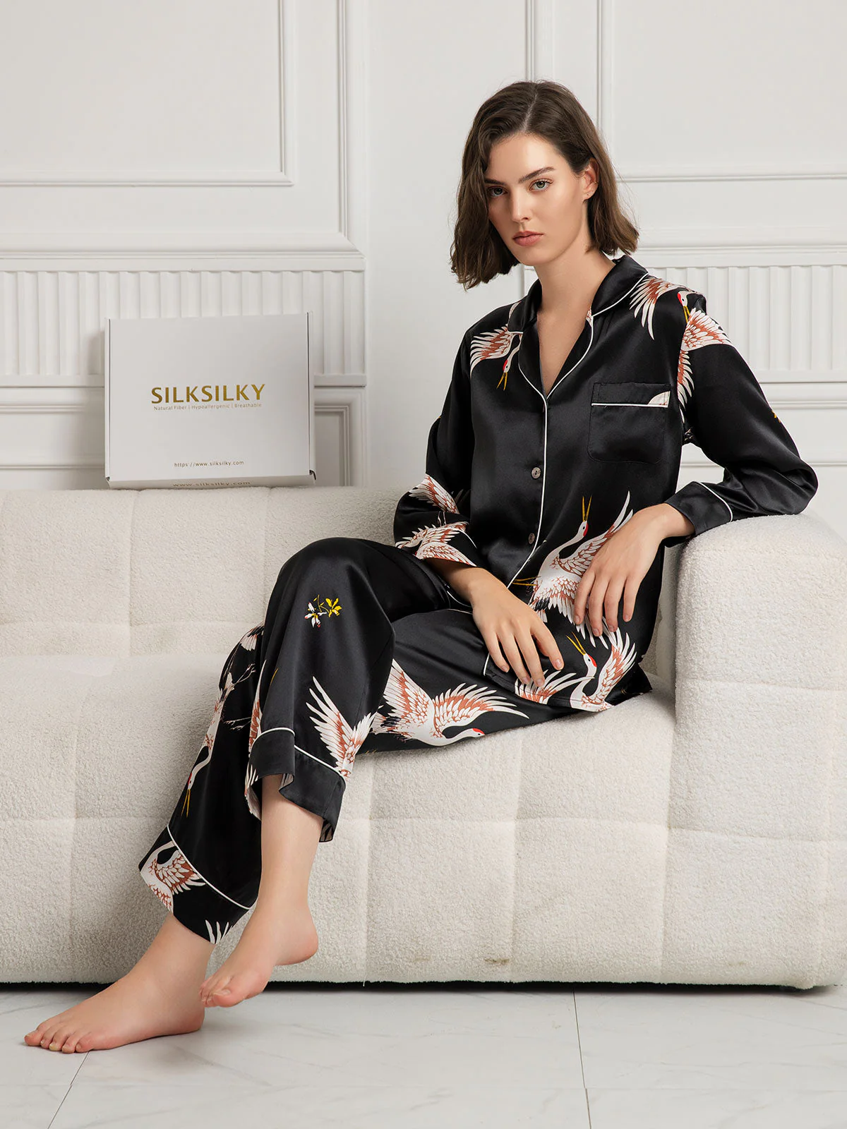 19Momme Pure Silk Crane Print Women's Long Sleeve Notch Collar Pajamas Set - Image 29
