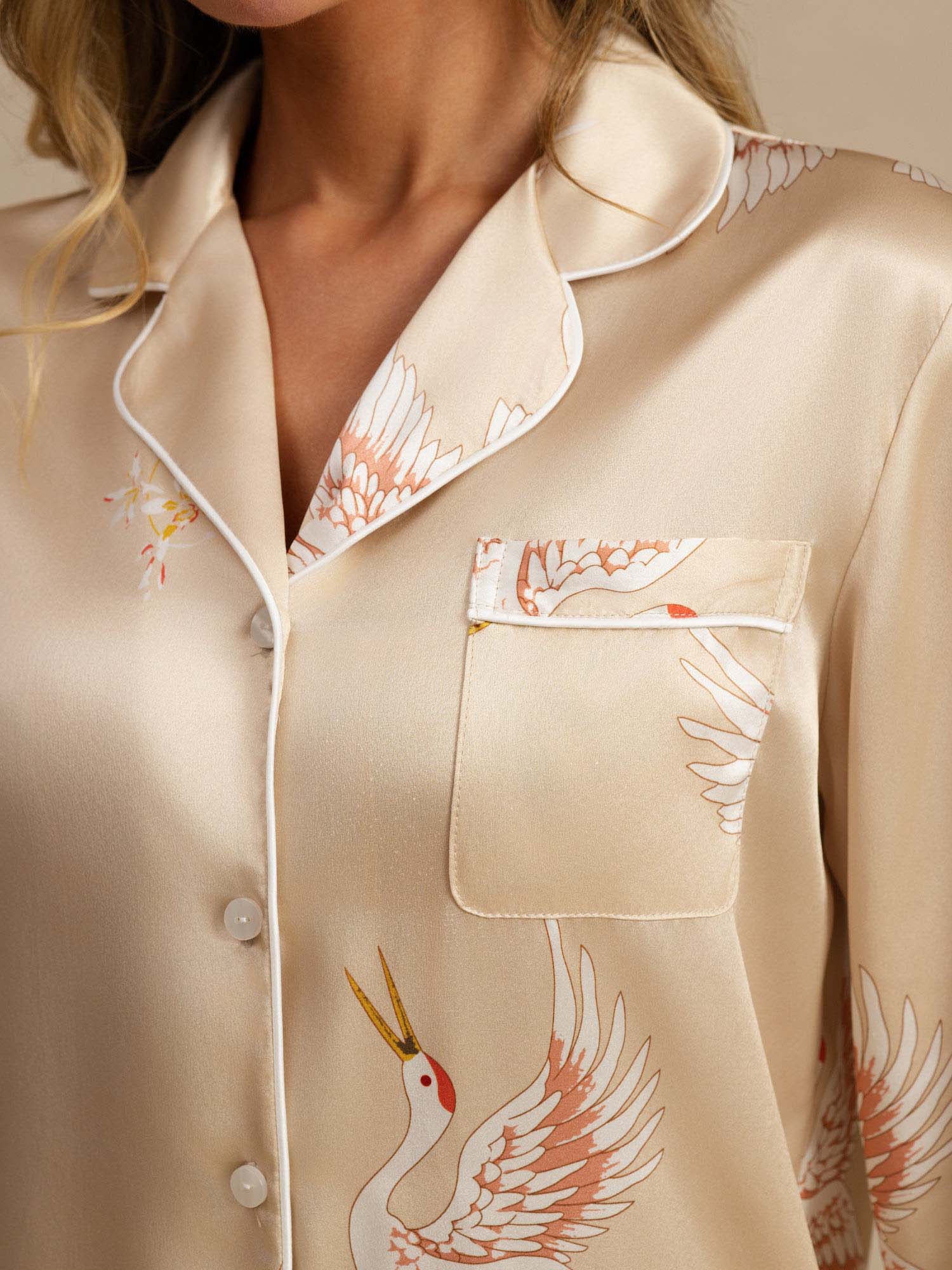 19Momme Pure Silk Crane Print Women's Long Sleeve Notch Collar Pajamas Set - Image 34