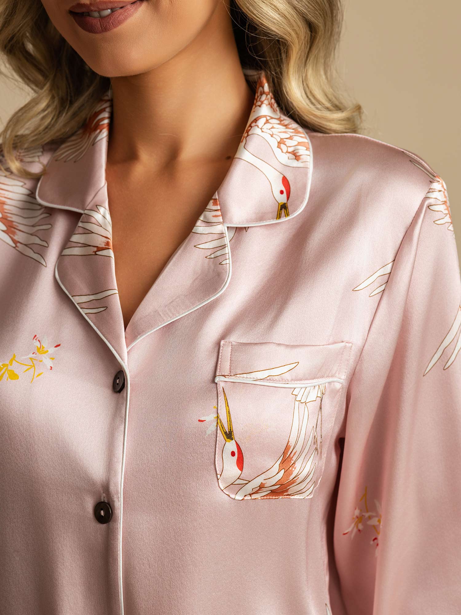19Momme Pure Silk Crane Print Women's Long Sleeve Notch Collar Pajamas Set - Image 4