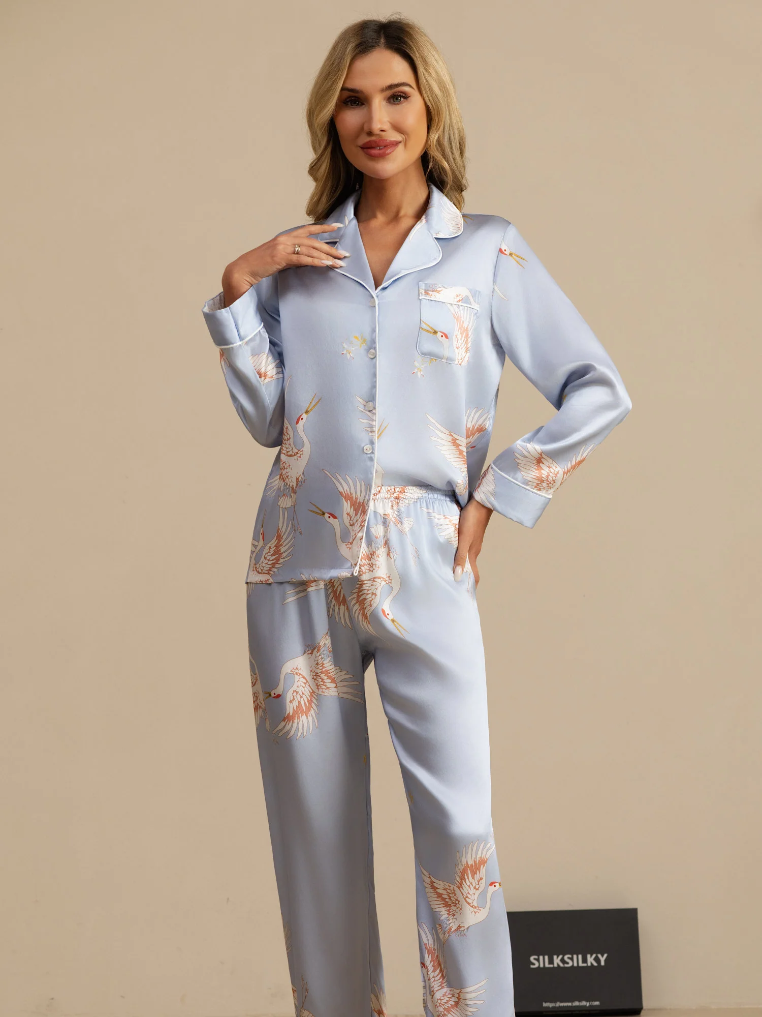 19Momme Pure Silk Crane Print Women's Long Sleeve Notch Collar Pajamas Set - Image 40