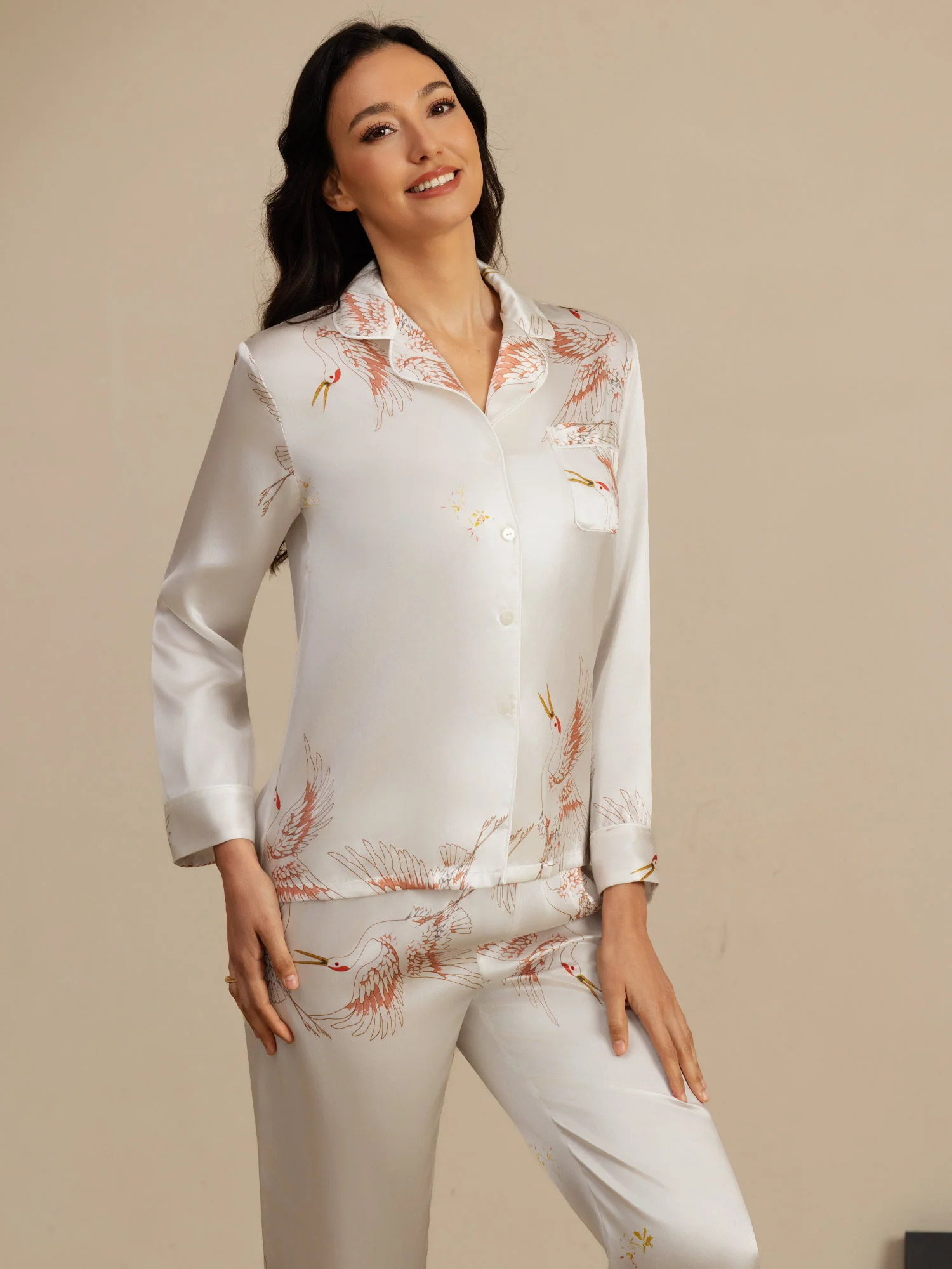 19Momme Pure Silk Crane Print Women's Long Sleeve Notch Collar Pajamas Set - Image 46