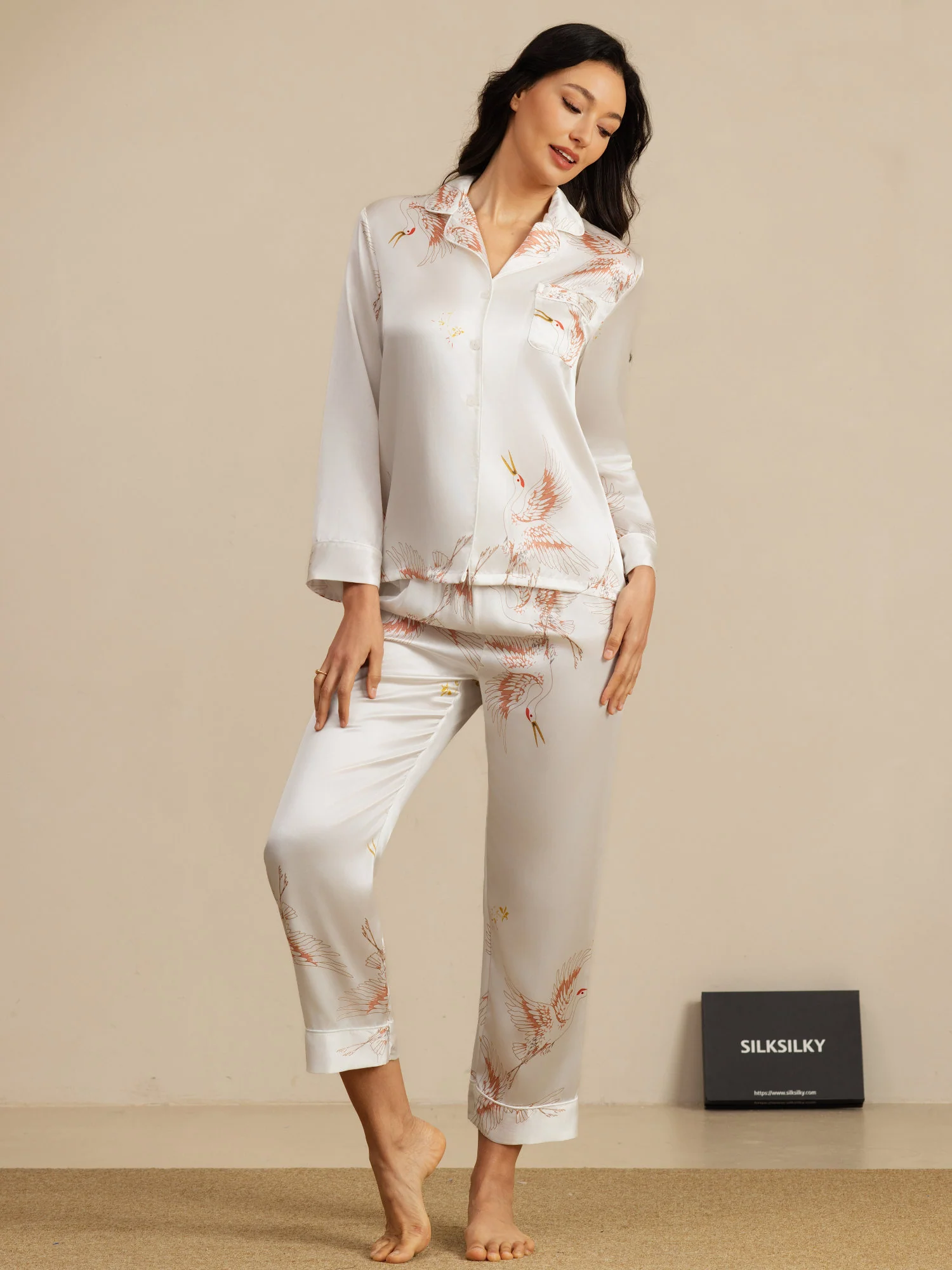 19Momme Pure Silk Crane Print Women's Long Sleeve Notch Collar Pajamas Set - Image 49