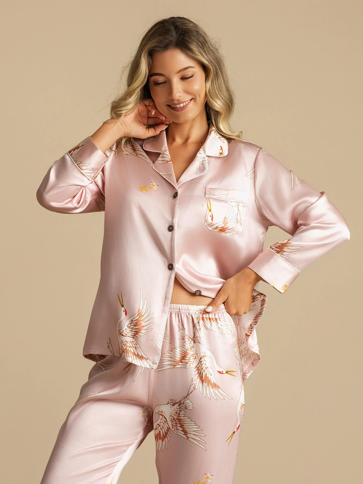 19Momme Pure Silk Crane Print Women's Long Sleeve Notch Collar Pajamas Set - Image 8