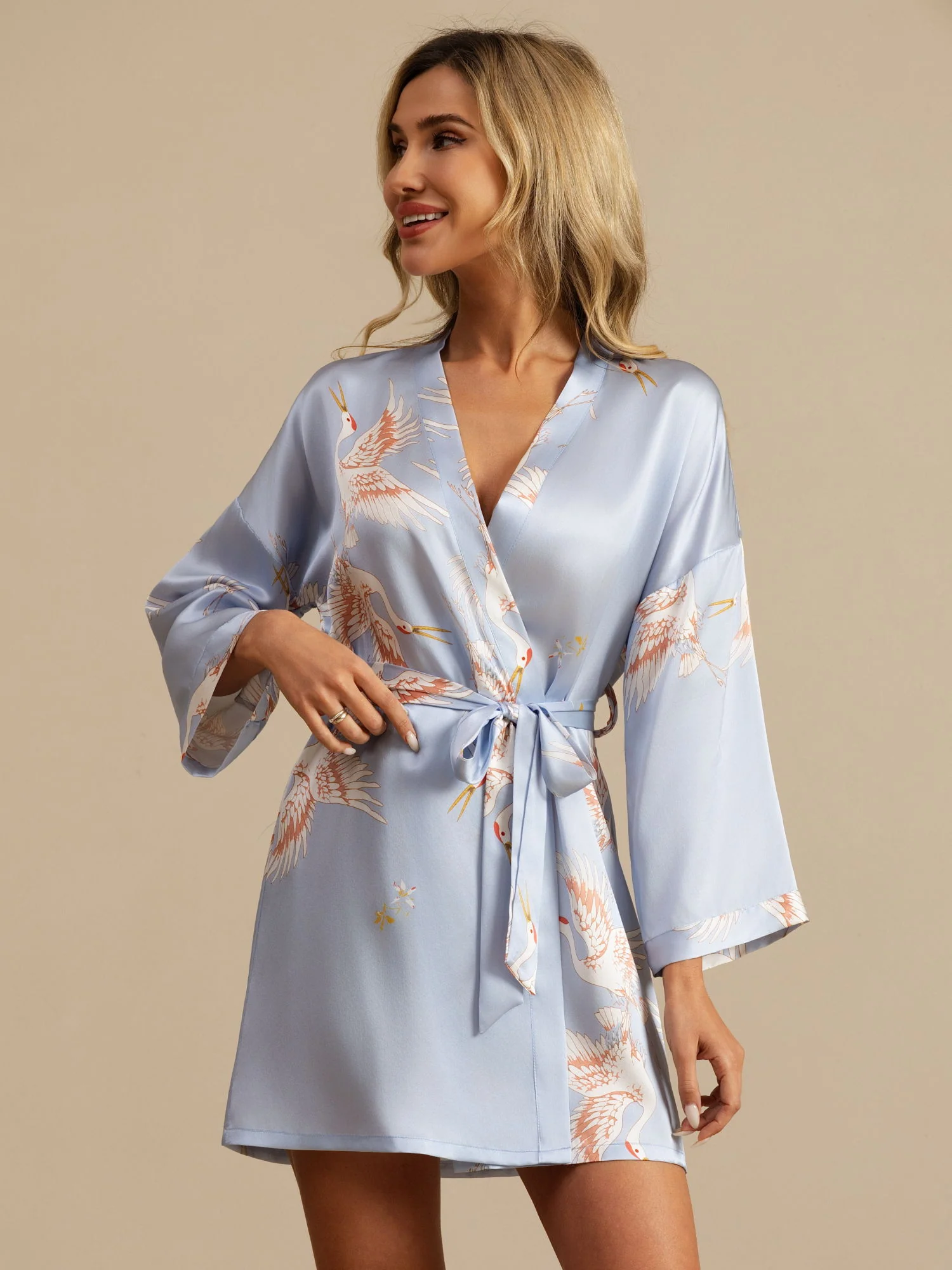 19Momme Pure Silk Crane Print 3/4 Sleeve Short Women's Kimono Robe with Wrap Design - Image 26