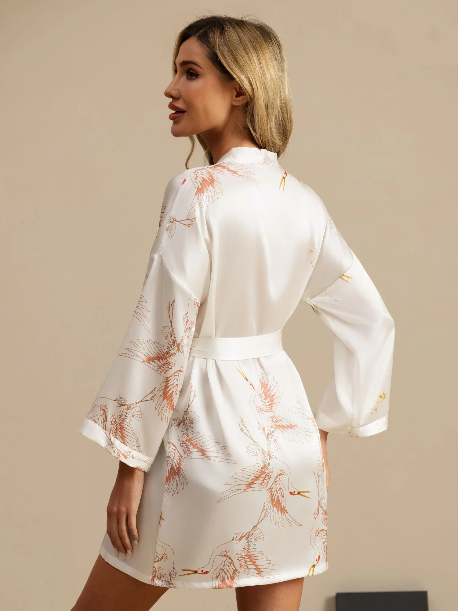 19Momme Pure Silk Crane Print 3/4 Sleeve Short Women's Kimono Robe with Wrap Design - Image 32