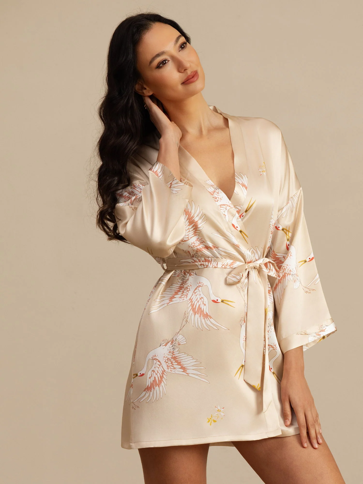 19Momme Pure Silk Crane Print 3/4 Sleeve Short Women's Kimono Robe with Wrap Design - Image 42