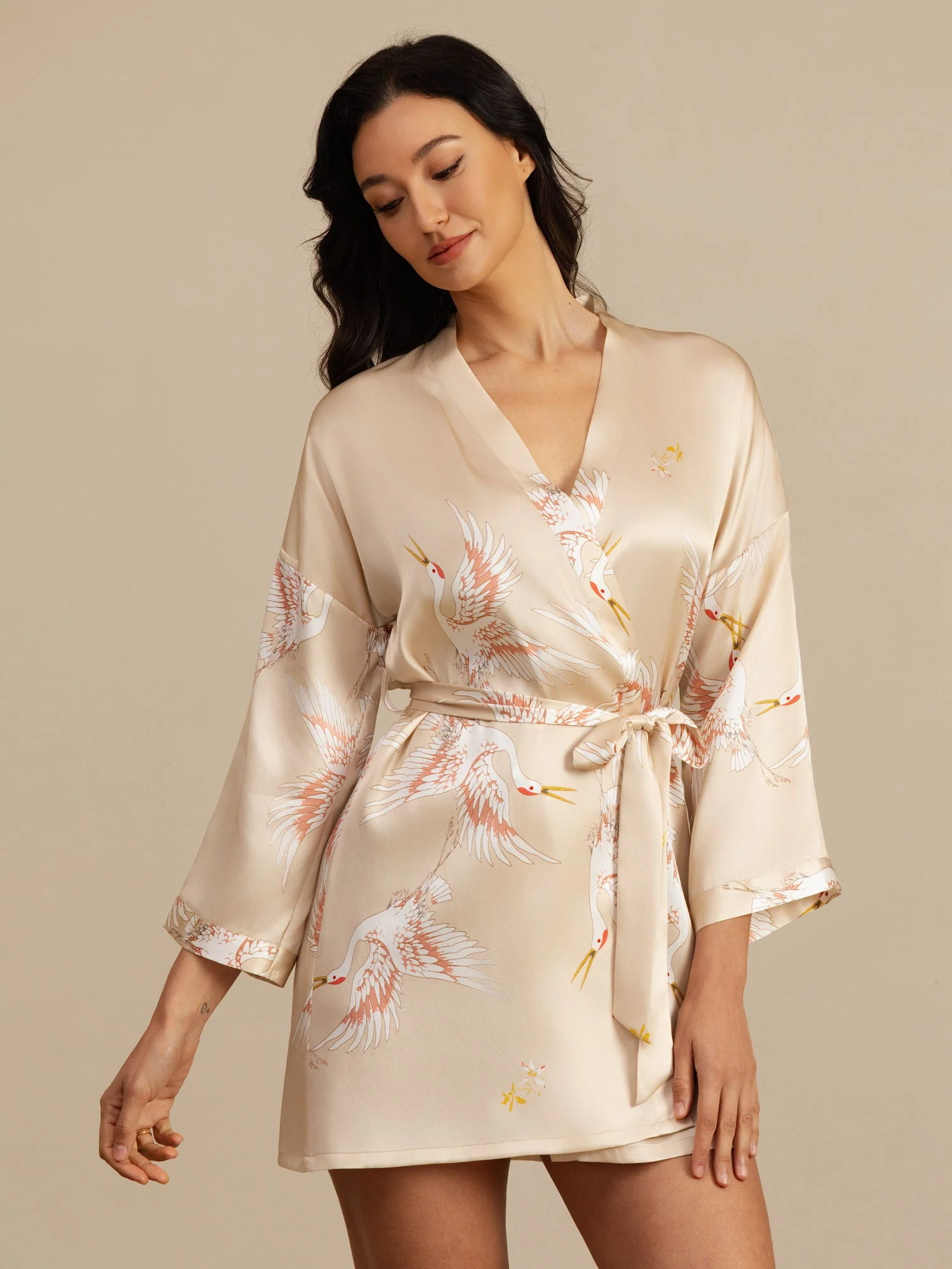 19Momme Pure Silk Crane Print 3/4 Sleeve Short Women's Kimono Robe with Wrap Design - Image 43