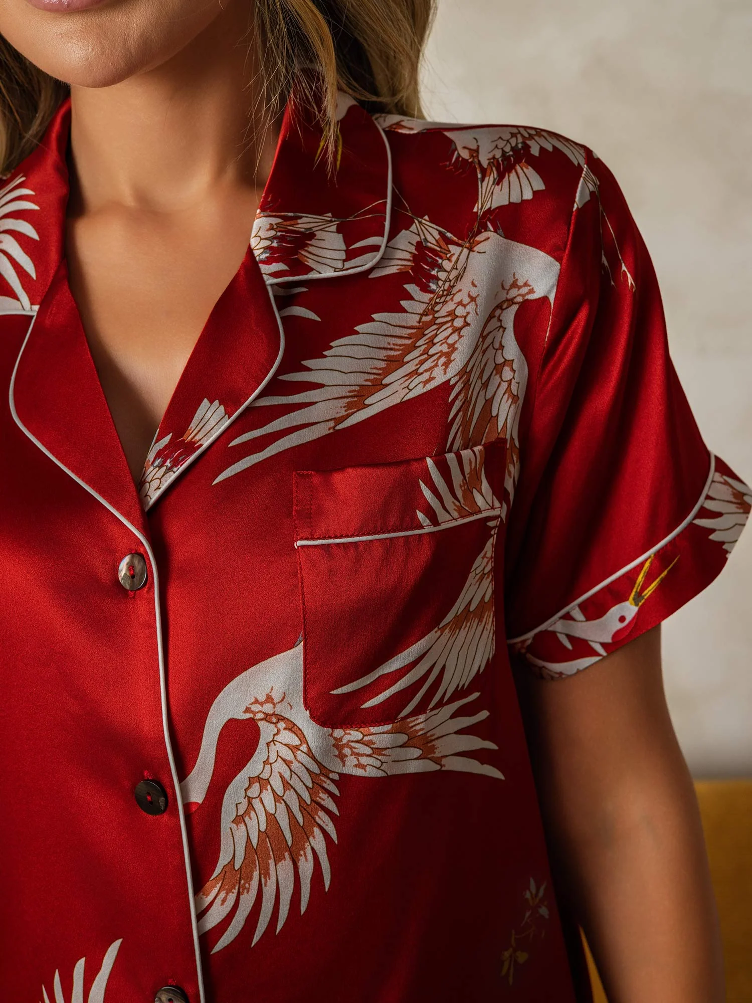 19Momme Women's Pure Silk Crane Print Short Sleeve Notch Collar Pajamas Set - Image 11