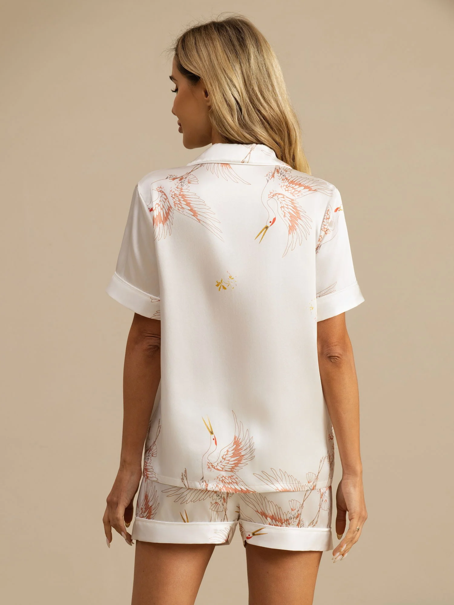 19Momme Women's Pure Silk Crane Print Short Sleeve Notch Collar Pajamas Set - Image 23
