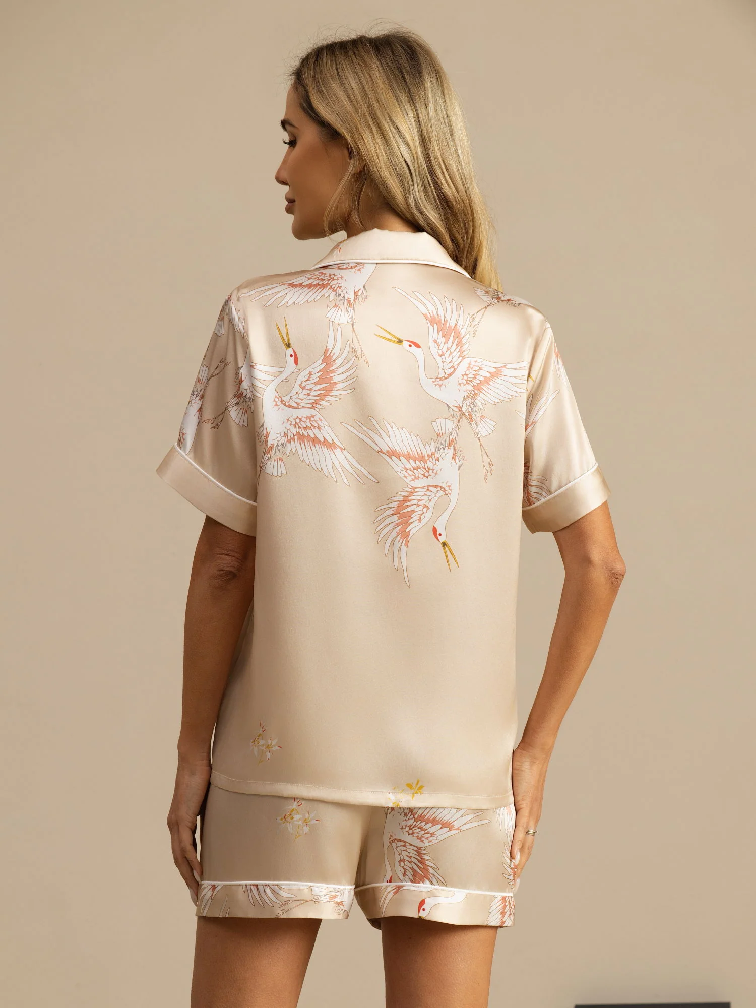 19Momme Women's Pure Silk Crane Print Short Sleeve Notch Collar Pajamas Set - Image 37