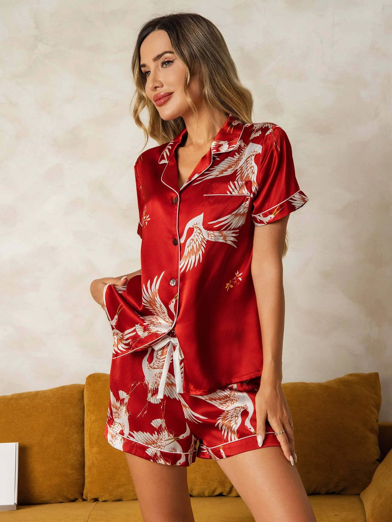 19Momme Women's Pure Silk Crane Print Short Sleeve Notch Collar Pajamas Set - Image 9